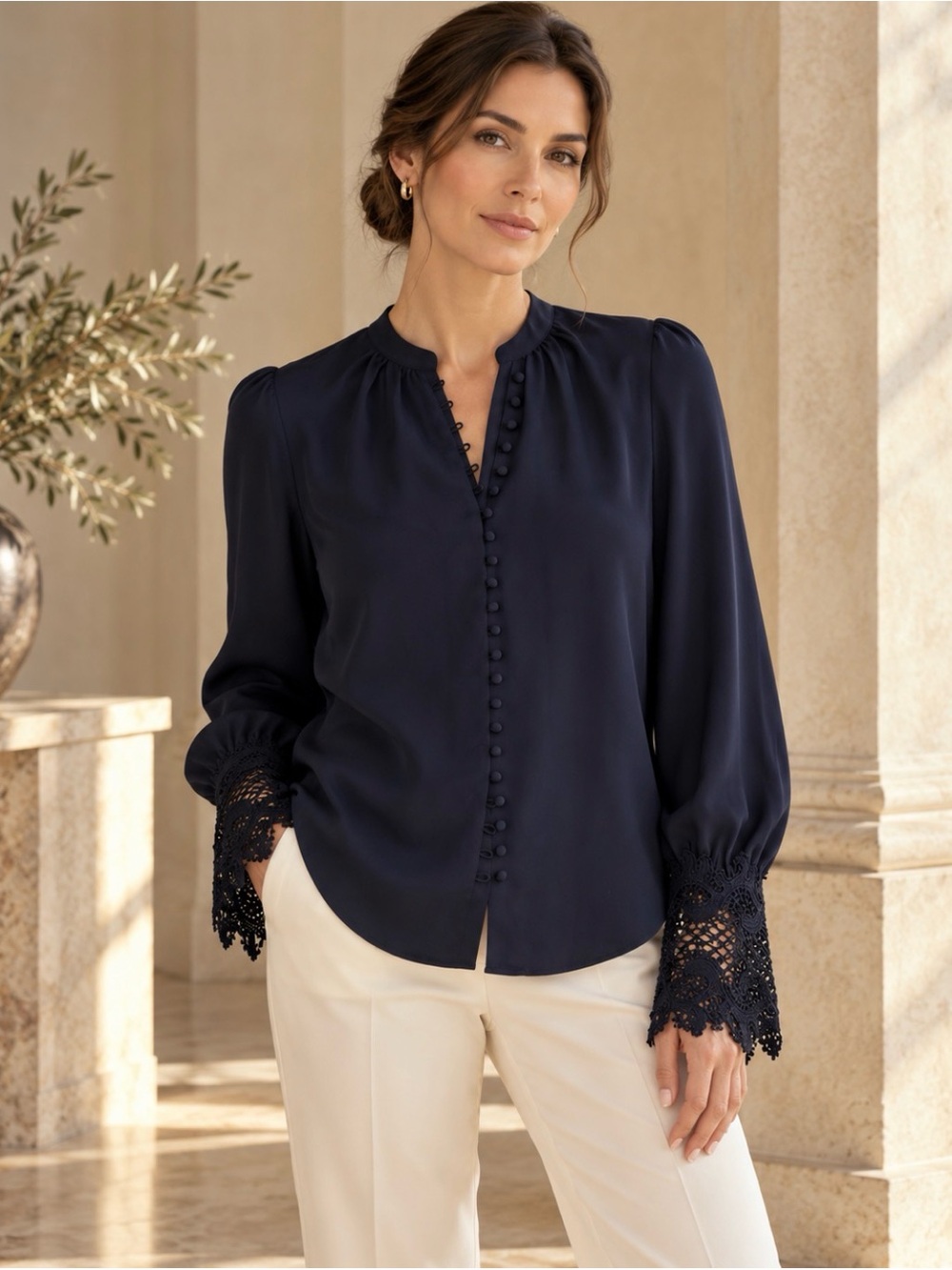 L’AGENCE Navy Lace Cuff Blouse Small Button Front Long Sleeve